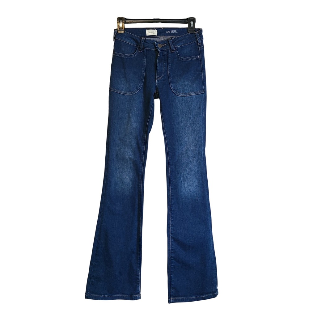 Anthropologie Pilcro Patch Pocket Flare Jeans Women 25 Blue Mid Rise Stretch
